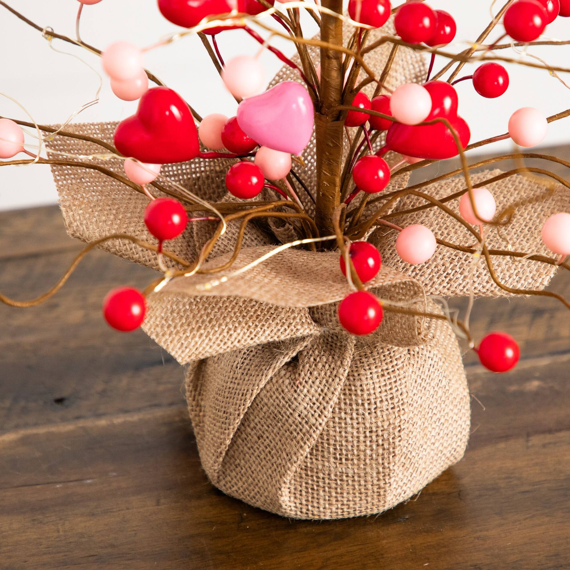 18in. Pre-Lit Artificial Valentine's Day Heart & Berry Twig Tree with 30 LED String Lights in Burlap Wrapped Base